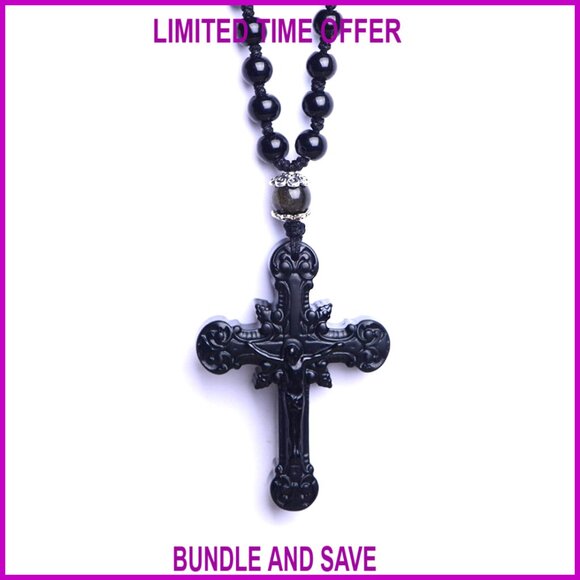Natural Obsidian Cross Pendant Necklace Adjustable Chain Healing Crystal Amulet